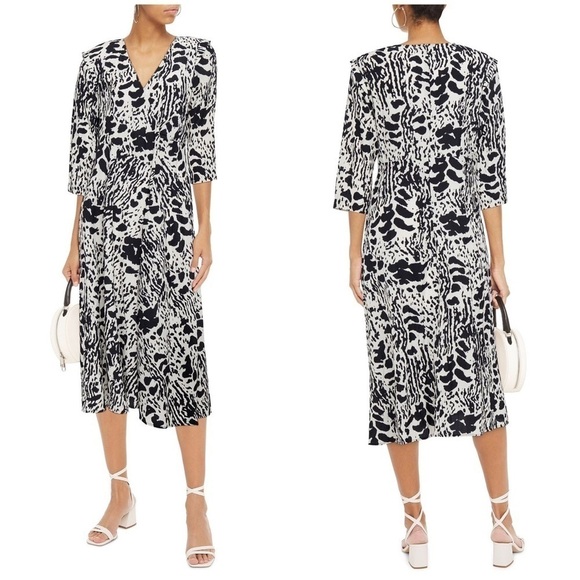 BA&SH Olga Gathered Printed Crepe de Chine Midi Dress Black White Splotchy 0 XS - Picture 1 of 13
